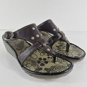 Sz 39/ US 8 Fly London Brown Leather Studded Wedge Mule Sandals